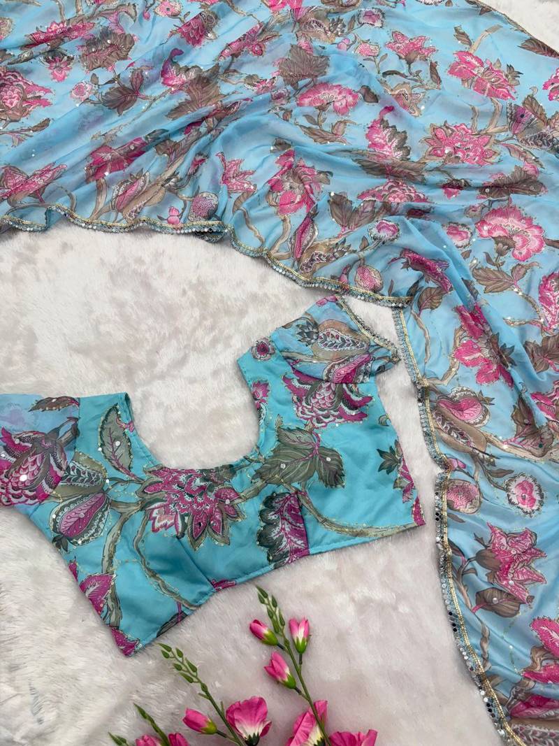 sky blue soft tabby silk blend with mirror work saree