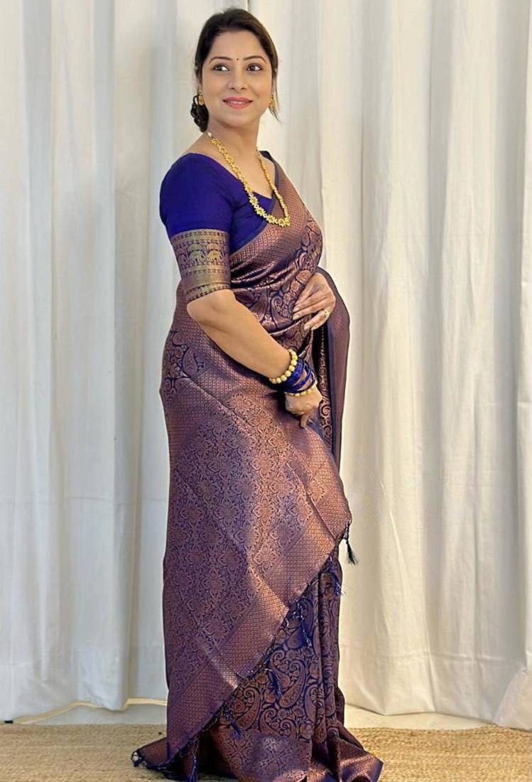 Royal blue silk blend zari woven woven saree
