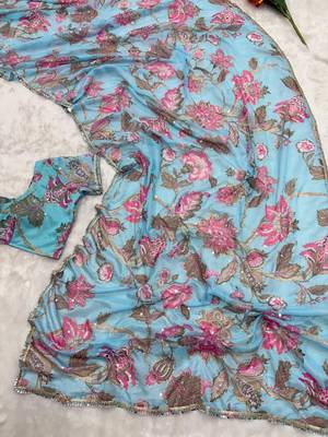 sky blue soft tabby silk blend with mirror work saree 5
