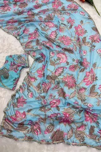 sky blue soft tabby silk blend with mirror work saree