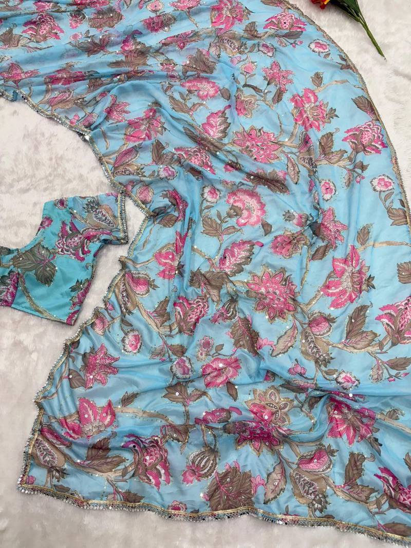 sky blue soft tabby silk blend with mirror work saree