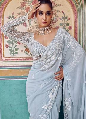 Graceful sky blue  georgette embroidery work saree 3