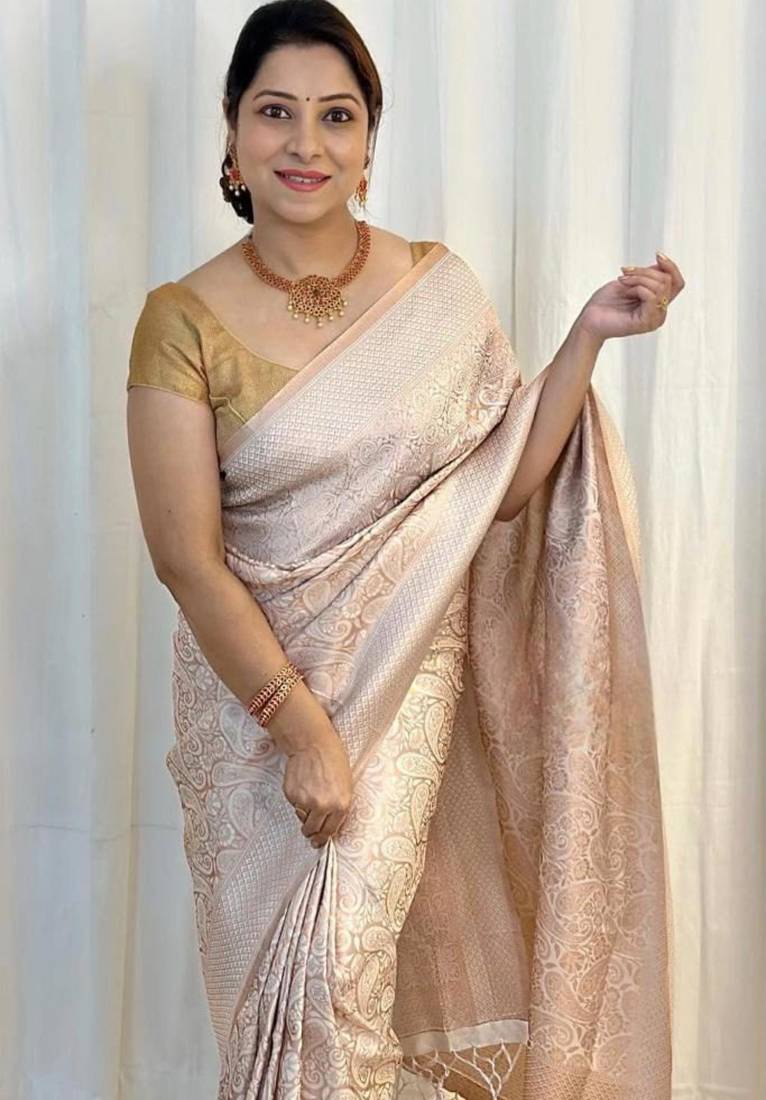 Champagne silk blend zari woven woven saree