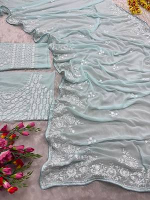 Graceful sky blue  georgette embroidery work saree 4