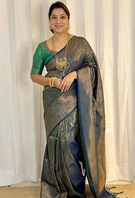 Dark teal silk blend zari woven woven saree 1
