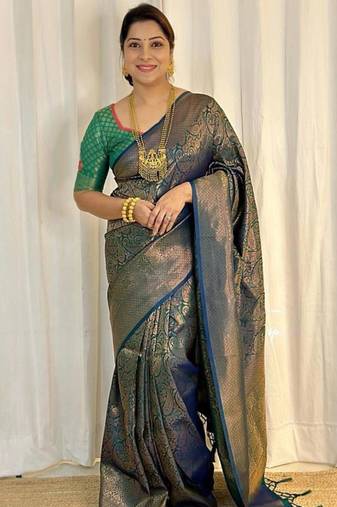 Dark teal silk blend zari woven woven saree