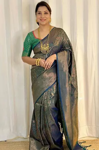 Dark teal silk blend zari woven woven saree