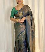 Dark teal silk blend zari woven woven saree