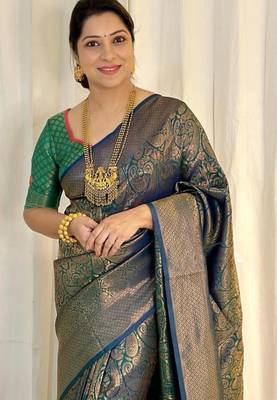 Dark teal silk blend zari woven woven saree 2