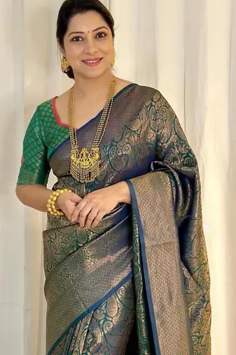 Dark teal silk blend zari woven woven saree