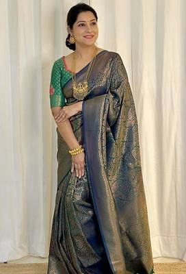 Dark teal silk blend zari woven woven saree 3