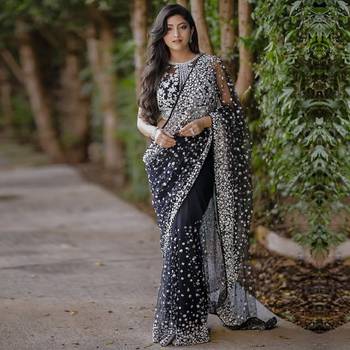 Classic black heavy beads embroidered design net party wear saree with matching blouse 2