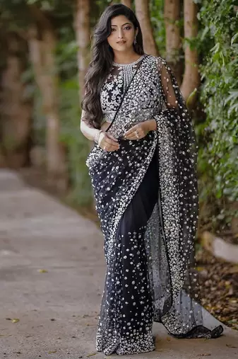 Classic black heavy beads embroidered design net party wear saree with matching blouse