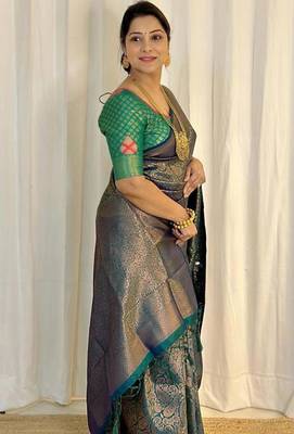 Dark teal silk blend zari woven woven saree 4