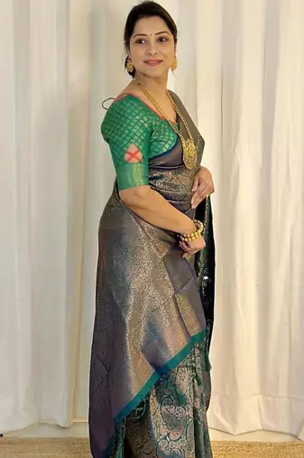 Dark teal silk blend zari woven woven saree