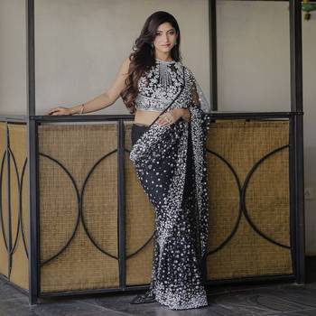 Classic black heavy beads embroidered design net party wear saree with matching blouse 3