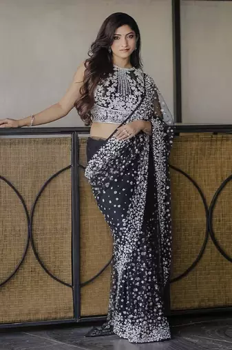 Classic black heavy beads embroidered design net party wear saree with matching blouse