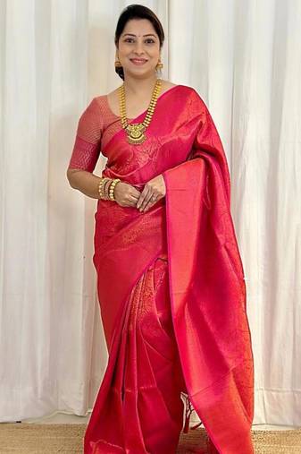 Hot pink silk blend zari woven woven saree