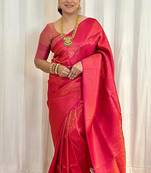 Hot pink silk blend zari woven woven saree