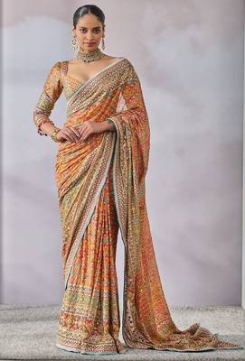 multi colored silk blend hand painted with beautiful real mirror saree set 1