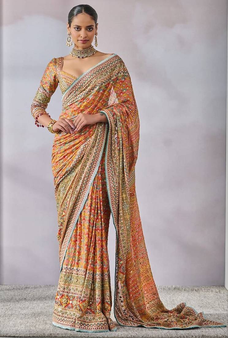 multi colored silk blend hand painted with beautiful real mirror saree set