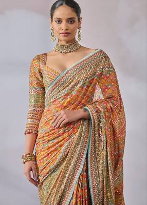 multi colored silk blend hand painted with beautiful real mirror saree set 2