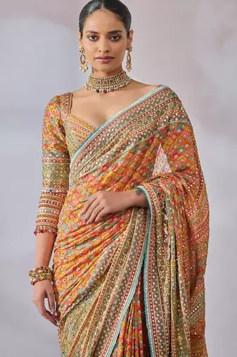 multi colored silk blend hand painted with beautiful real mirror saree set