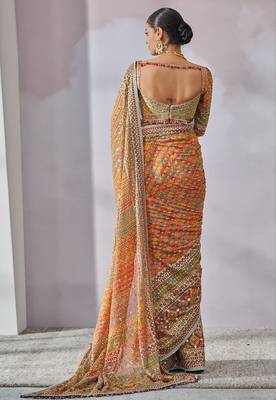 multi colored silk blend hand painted with beautiful real mirror saree set 3