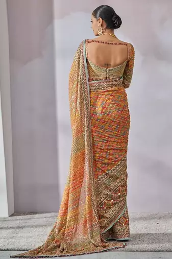 multi colored silk blend hand painted with beautiful real mirror saree set