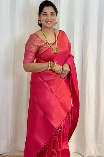 Hot pink silk blend zari woven woven saree