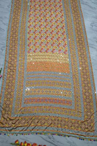 multi colored silk blend hand painted with beautiful real mirror saree set
