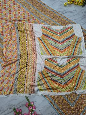 multi colored silk blend hand painted with beautiful real mirror saree set 5