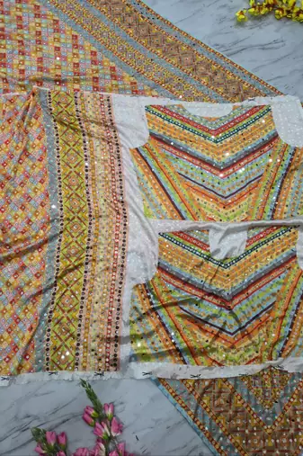 multi colored silk blend hand painted with beautiful real mirror saree set