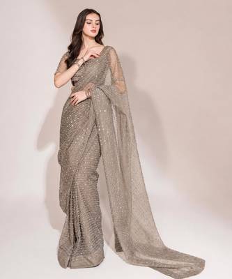 Grey georgette stone work embroidered saree 1