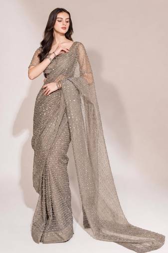 Grey georgette stone work embroidered saree