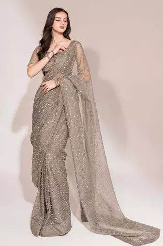 Grey georgette stone work embroidered saree