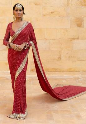 Red faux georgette hand embroidered saree set 1
