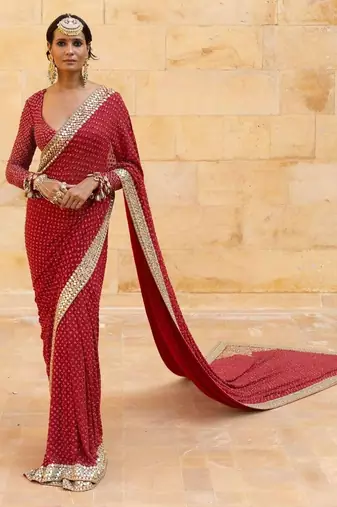 Red faux georgette hand embroidered saree set