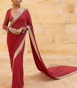 Red faux georgette hand embroidered saree set
