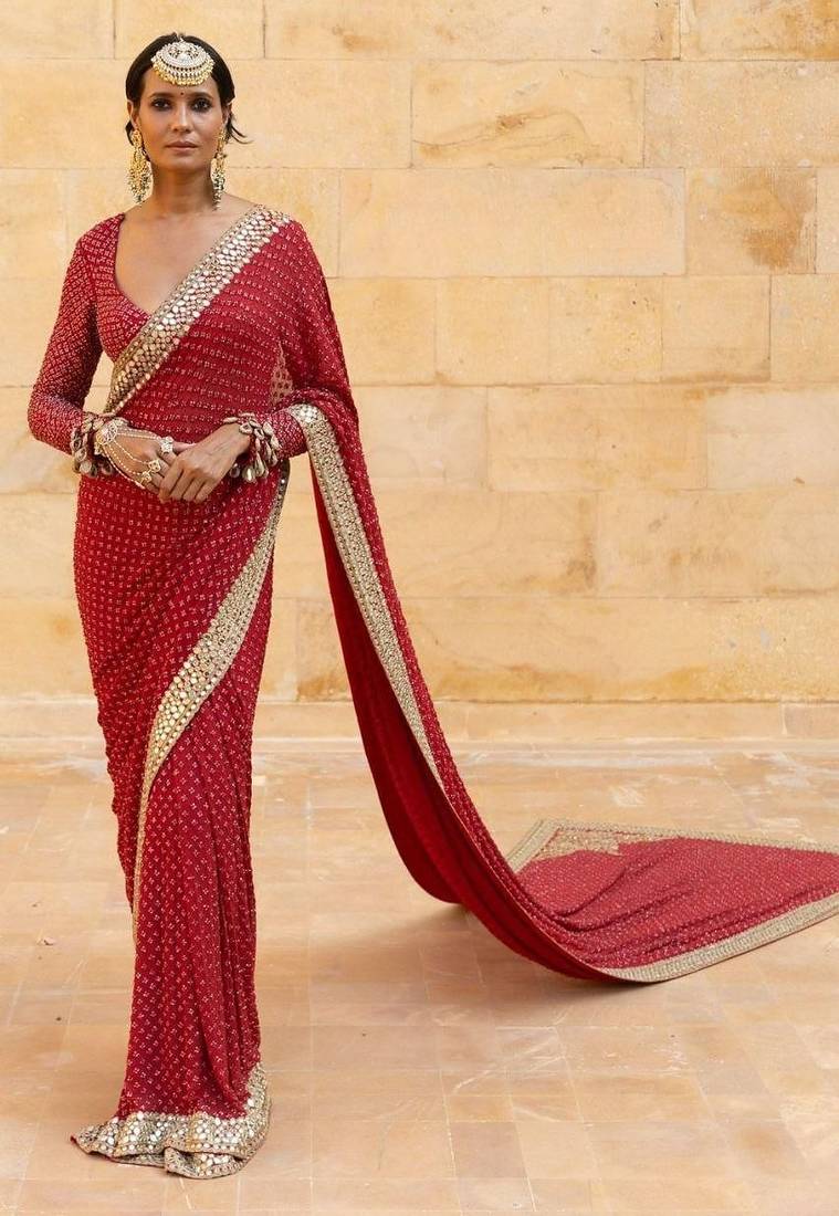 Red faux georgette hand embroidered saree set