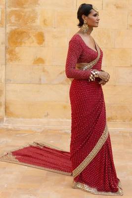 Red faux georgette hand embroidered saree set 2