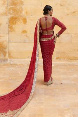 Red faux georgette hand embroidered saree set 3