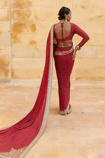 Red faux georgette hand embroidered saree set