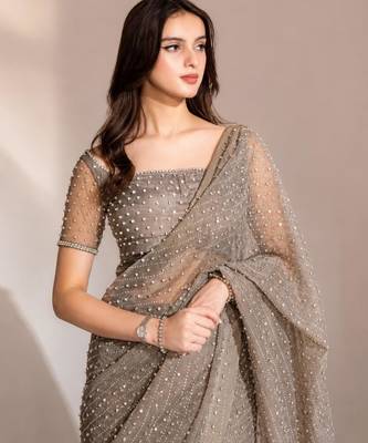 Grey georgette stone work embroidered saree 3