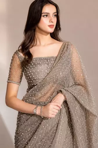 Grey georgette stone work embroidered saree