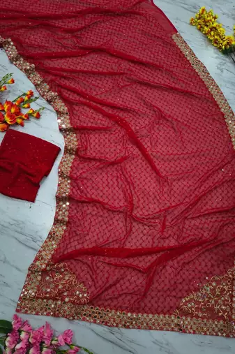 Red faux georgette hand embroidered saree set