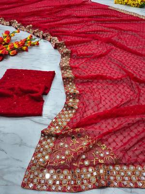 Red faux georgette hand embroidered saree set 5