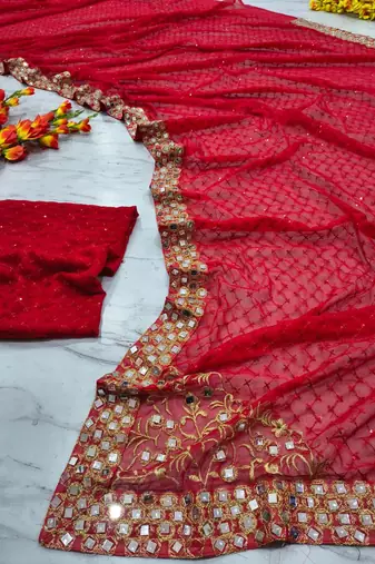 Red faux georgette hand embroidered saree set