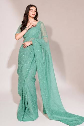 Sea green georgette stone work embroidered saree