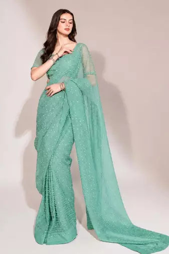 Sea green georgette stone work embroidered saree